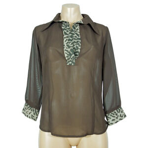 CASUAL CORNER Sheer S SMALL Brown Blouse Animal Print Trim